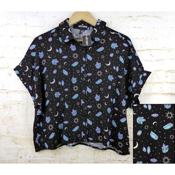 Hot Topic Tops - Hot Topic Pastel Crystals Celestial Crop Button Up Shirt Womens M Black Goth